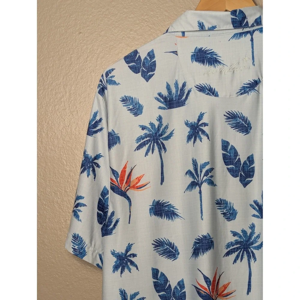 Sunday Crew Polo Shirt Mens XL White Blue Tropical Palm Bird of Paradise UPF 50+